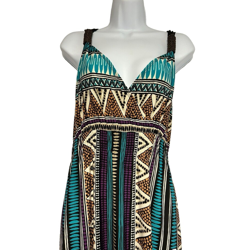 Ellen Tracy Maxi Sundress Women L Geometric Bead Strap V Neck Boho Y2K Festival